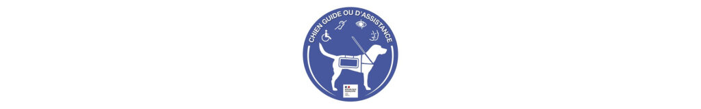 μπλε λογότυπο με έναν λευκό σκύλο που φορά σαμάρι. Υπάρχει η επιγραφή Chien guide ou d' assistance, δηλαδή σκύλος οδηγός ή βοηθός.  